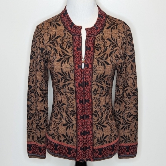 Skadi 100% alpaca sweater cardigan zip front knit red brown paisley size L - Picture 1 of 5